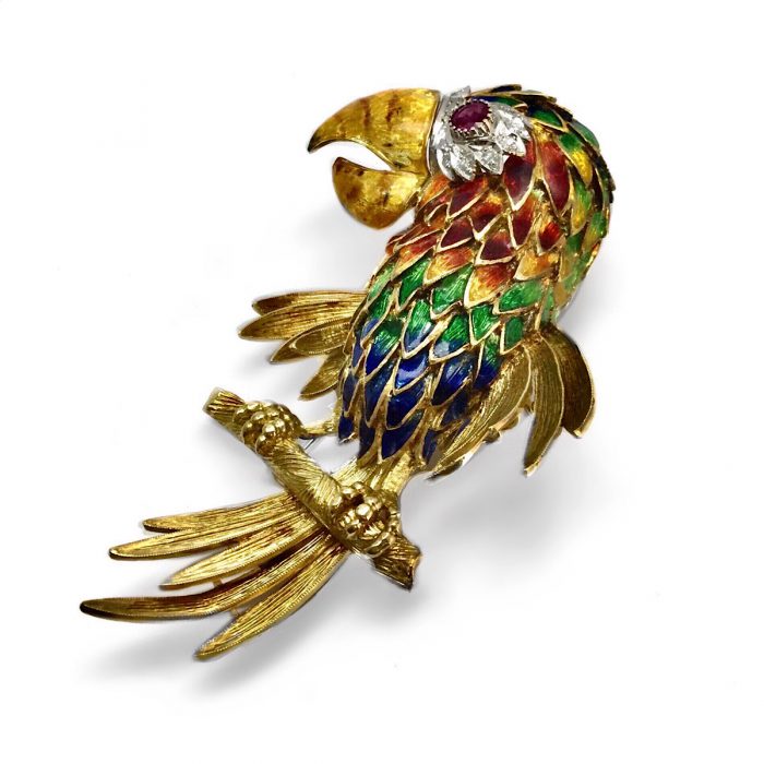 Vintage Gold Brosche Papagei um 1960